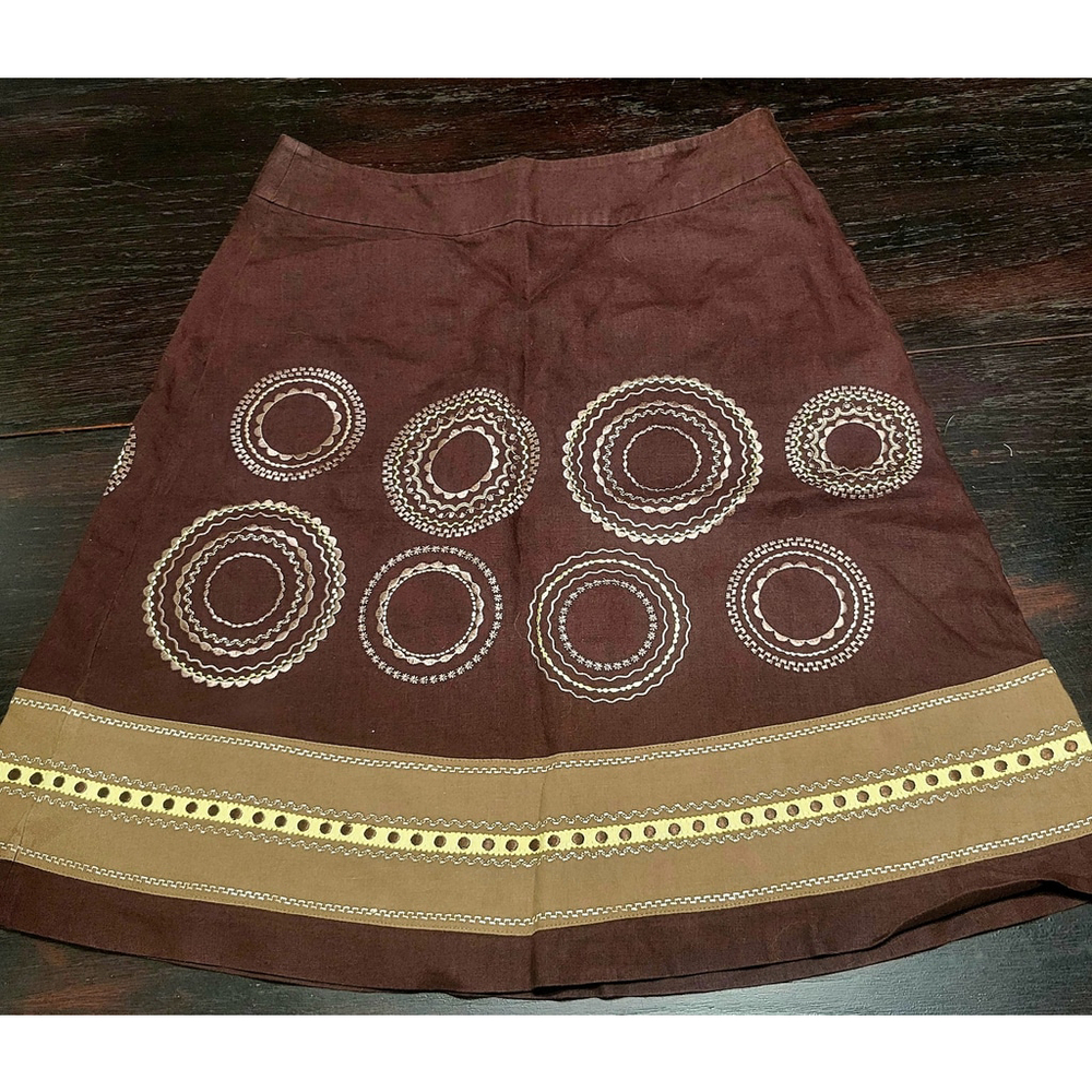 Talbots A-line Linen Embroidered Geometric Circles Side Zip Size 6 Boho...